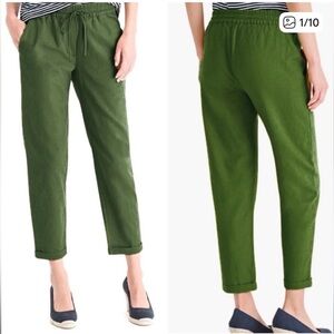 J. Crew Green Linen Blend Elastic Waist Pull on Cropped Ankle Pants